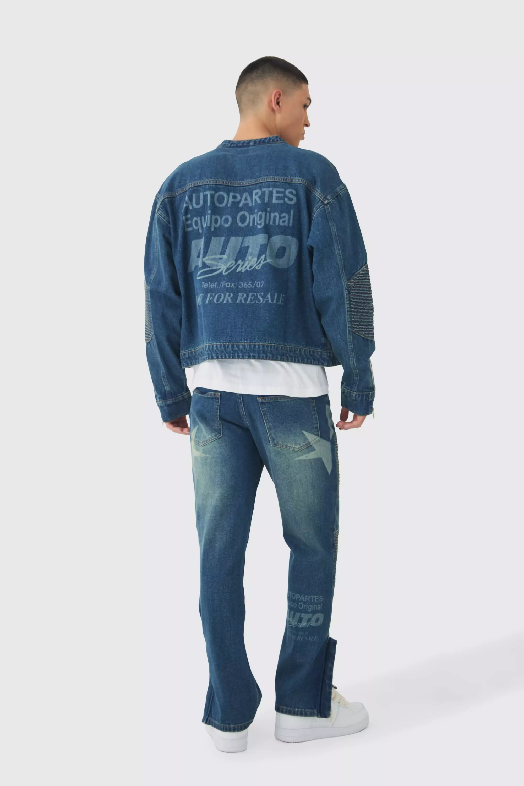 Boxy Denim Moto Star Laser Print Biker Jacket | boohooMAN USA
